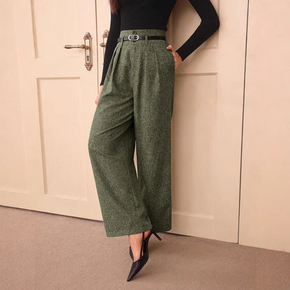 Vintage Casual All-matching High Waist Linen Blend Belt Straight-leg Pants