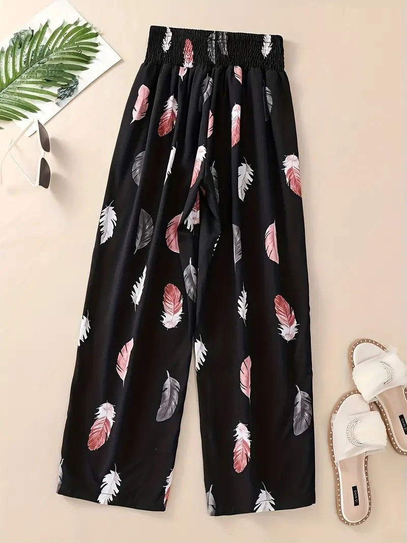 Casual Flower Pants Spring And Summer Thin High Waist Slimming Ice Silk Elastic Floral Straight