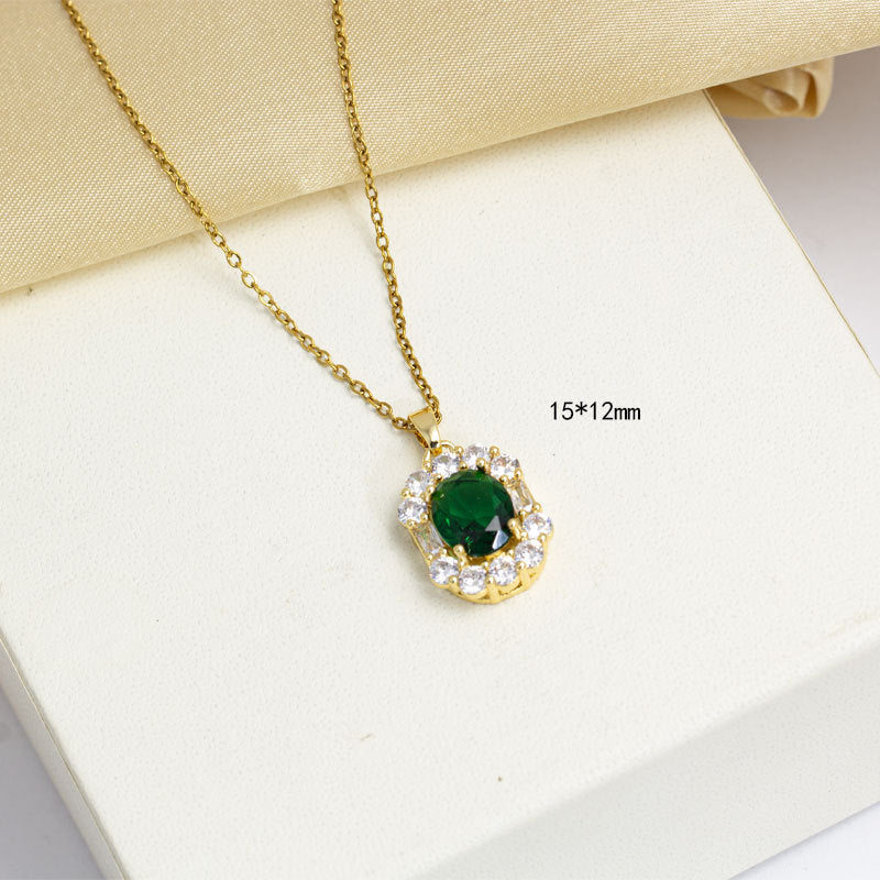 Geometric Emerald Inlaid Necklace Ear Stud Ring Suit