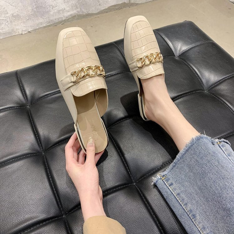 Metal Chain Decorative Square Toe Half Slippers