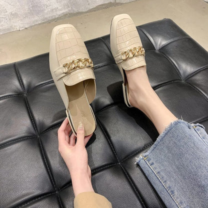 Metal Chain Decorative Square Toe Half Slippers
