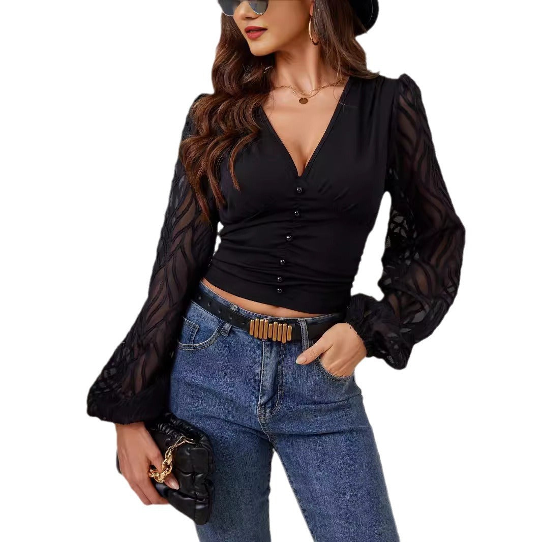 Women's Chiffon Lantern Sleeve V-neck Long-sleeved T-shirt Top