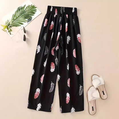Casual Flower Pants Spring And Summer Thin High Waist Slimming Ice Silk Elastic Floral Straight