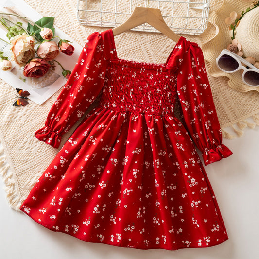 Autumn Girls' Long Sleeve French Puff Sleeve Princess Floral Skirt