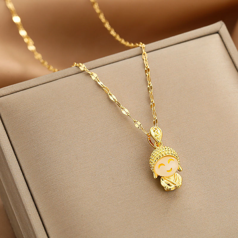 Titanium Steel Gold & Small Cute Buddha Jade Buddha Statue Necklace Lucky Maitreya Buddha Clavicle Chain