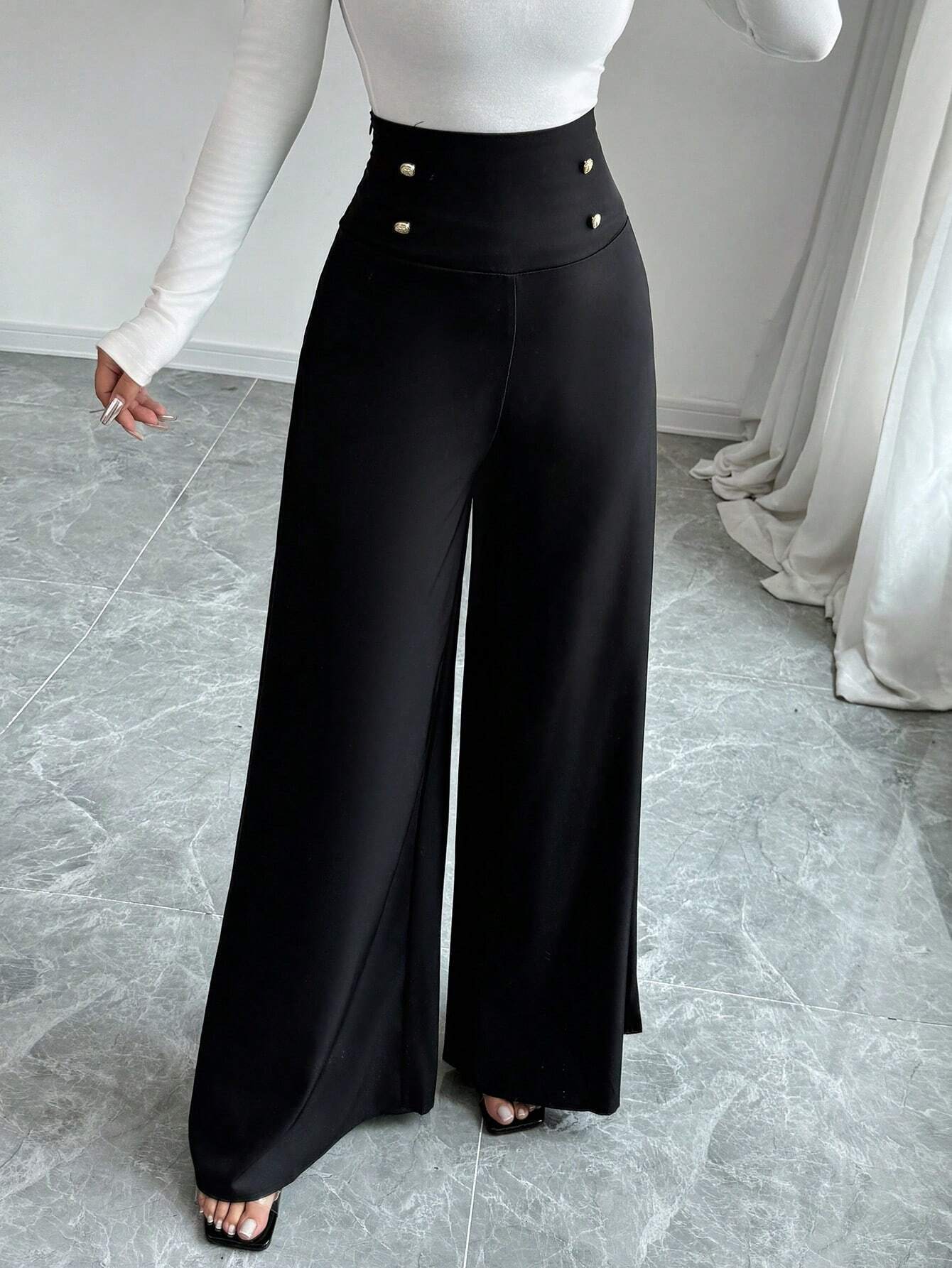 Minimalist Elegant High Waist Belly Contracting Black Wide Leg Pants